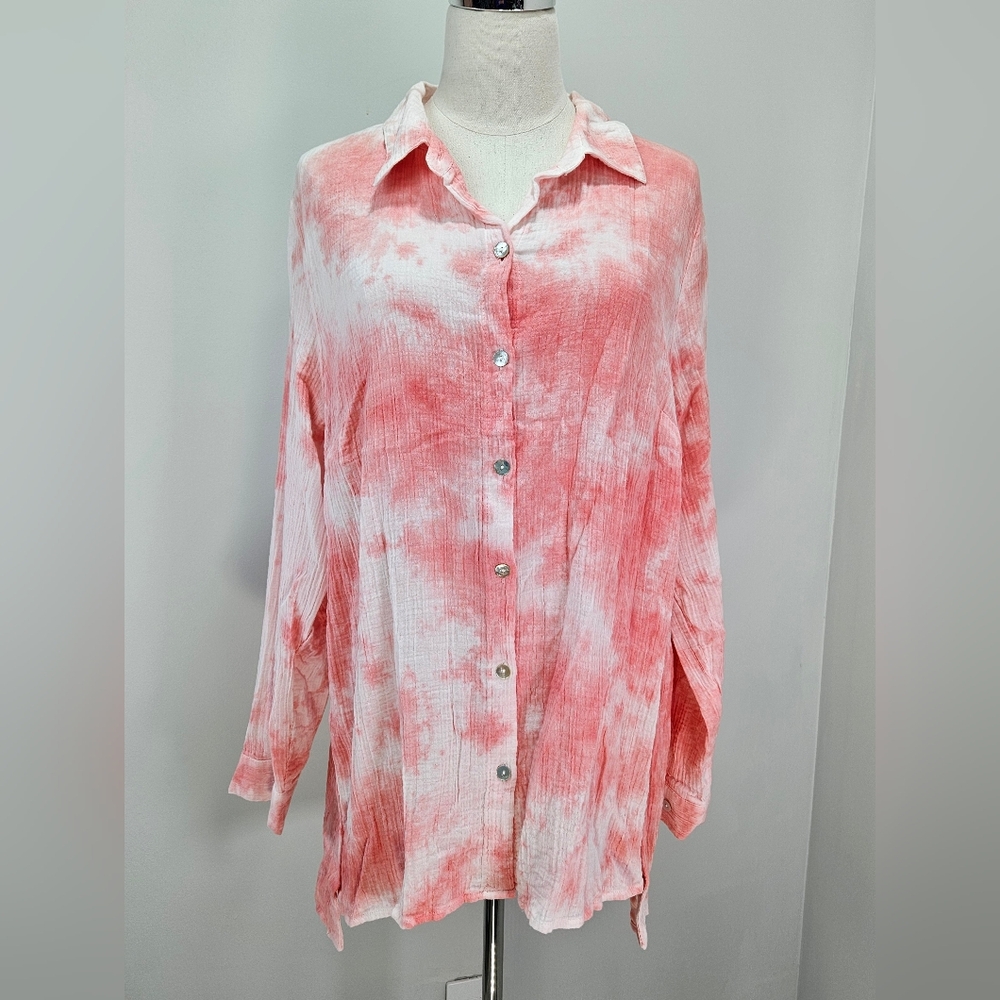 New Directions Curvy Womens Tunic Shirt 1X Coral Tie Dye Relaxed Fit